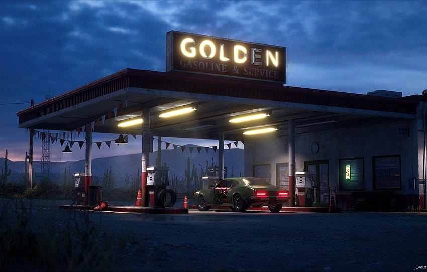 noche, estación, iluminación, Desert Gas Station, Golden fondo de pantalla