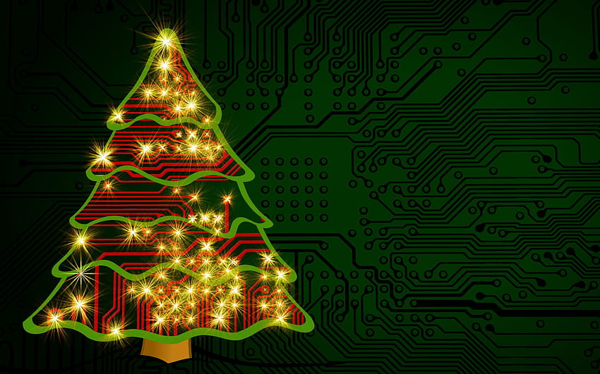 Año nuevo, árbol de Navidad, impreso en verde, Navidad de alta tecnología. fondo de pantalla