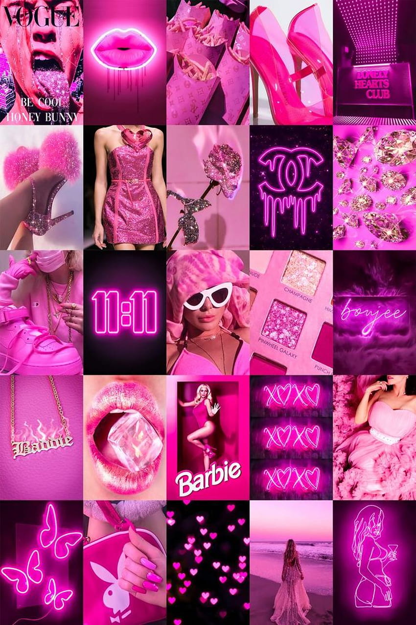 IMPRESO Boujee Pink Neon Collage Kit Hot Pink Aesthetic, collage rosa neón fondo de pantalla del teléfono