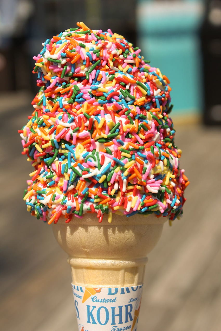 Rainbow sprinkles on soft serve vanilla ice cream, rainbow ice cream with gummy bears HD phone wallpaper