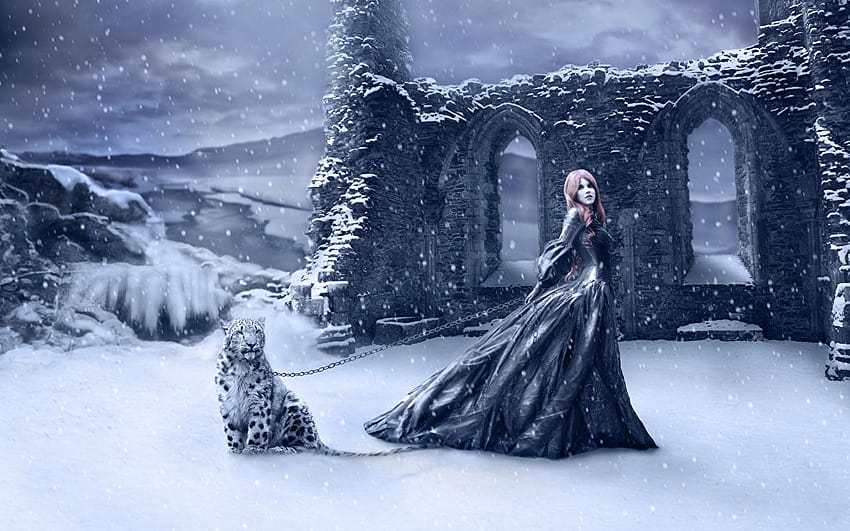 leopard Gothic Fantasy female Winter Fantasy, woman and snow leopard HD wallpaper