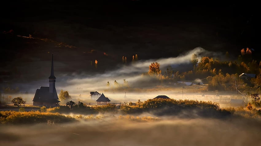 Misty autumn night, Maramures, Romania HD wallpaper