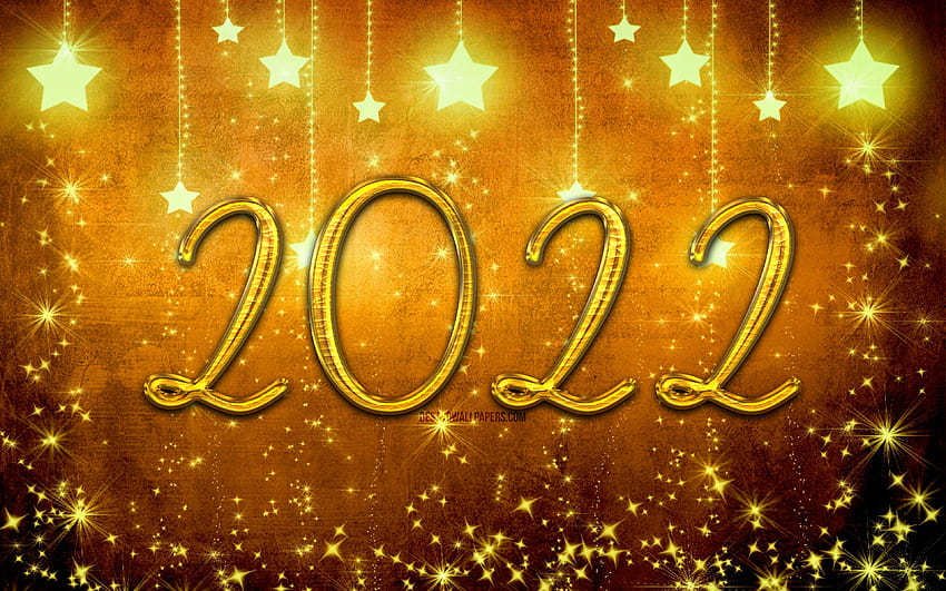 2022 dígitos dorados en 3D, estrellas, Feliz Año Nuevo 2022, adornos navideños, s estrellados, bolas doradas de navidad, conceptos 2022, año nuevo 2022, 2022 sobre amarillo, dígitos de año 2022 para, navidad 2022 fondo de pantalla