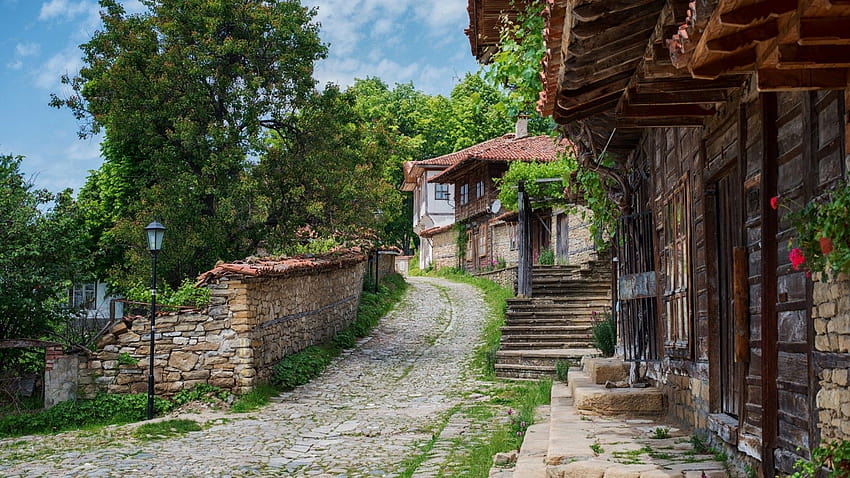 2944297 / 1920x1080 architecture building bulgaria village house path stairs trees stones clouds rooftops street light JPG 813 kB HD wallpaper