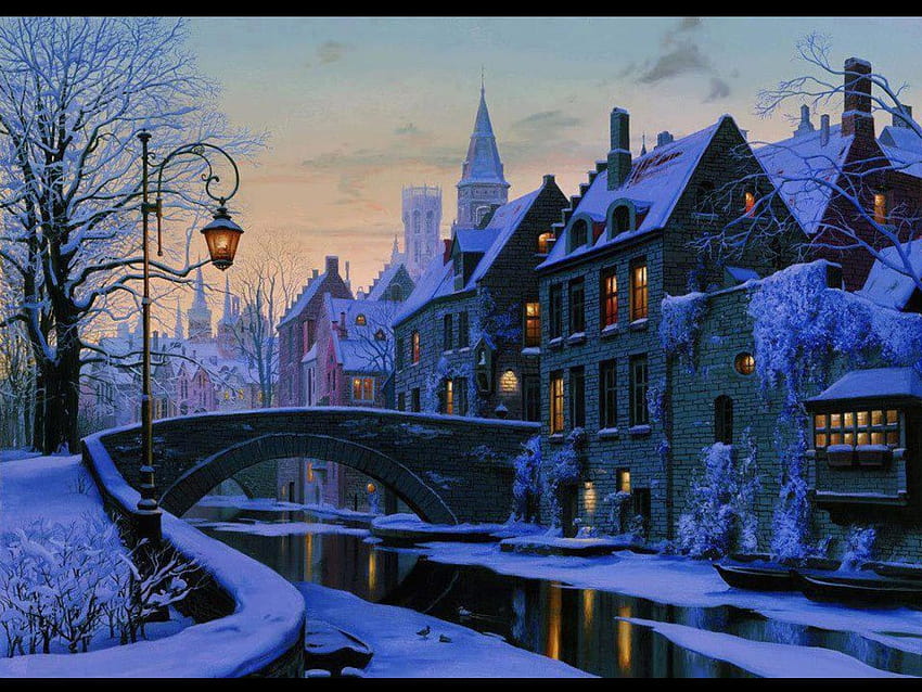 Winter in a European village, winter in europe HD wallpaper