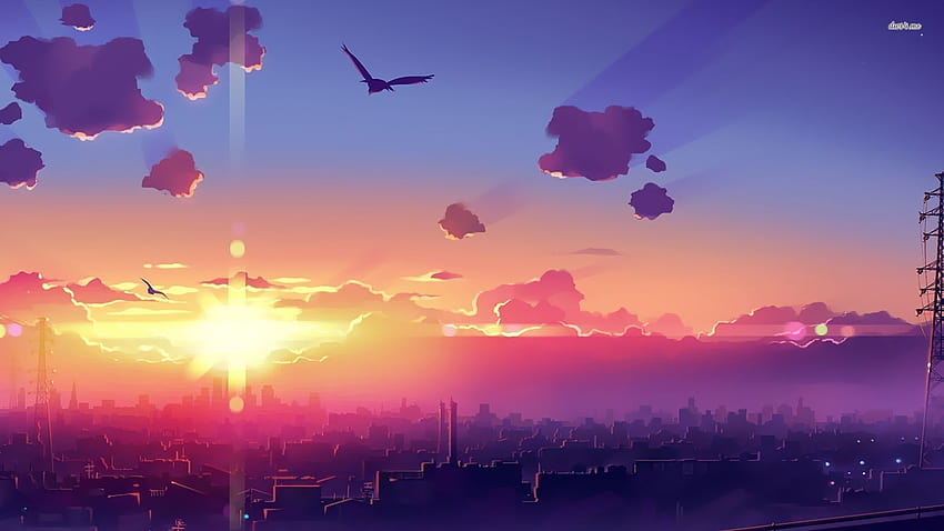 1920x1080, Amazing Sunset Above The City, pink anime city HD wallpaper