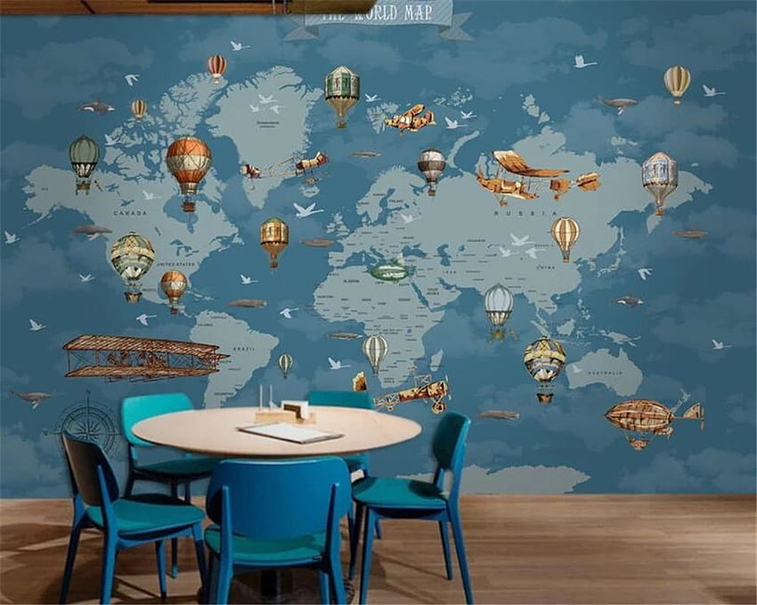 Beibehang Персонализирани стенописи Детска стая Самолет Синя карта на света Всекидневна Офис Кабинет Интериорен декор 3d HD тапет
