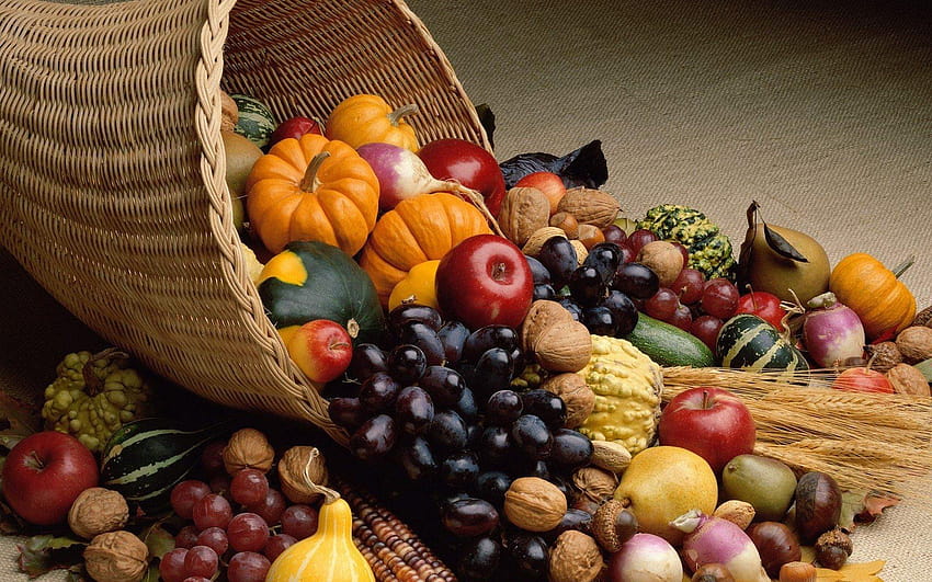 Körbe, Kürbis, Äpfel, Trauben, Weizen / und, Kürbisse und Korb HD-Hintergrundbild