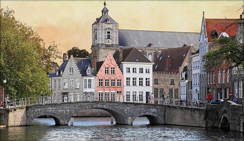 Città Belgio Langerei canals bridge Bruges, bruges belgium Sfondo HD