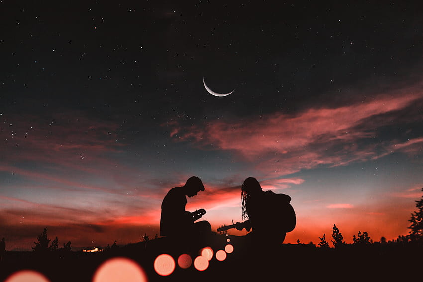 Silhouettes Couple Guitar Sunset Romance Starry Sky, starry dusk HD wallpaper