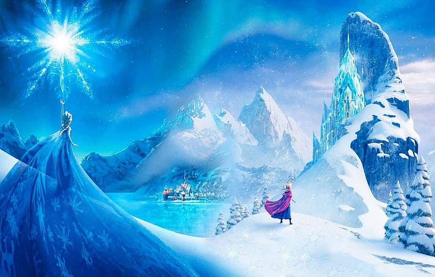 snow, mountains, the city, star, ice, Frozen, Princess, Anna, Queen, Anna, Queen, snowflake, Walt Disney, animation, princess, Walt Disney , section фильмы HD wallpaper