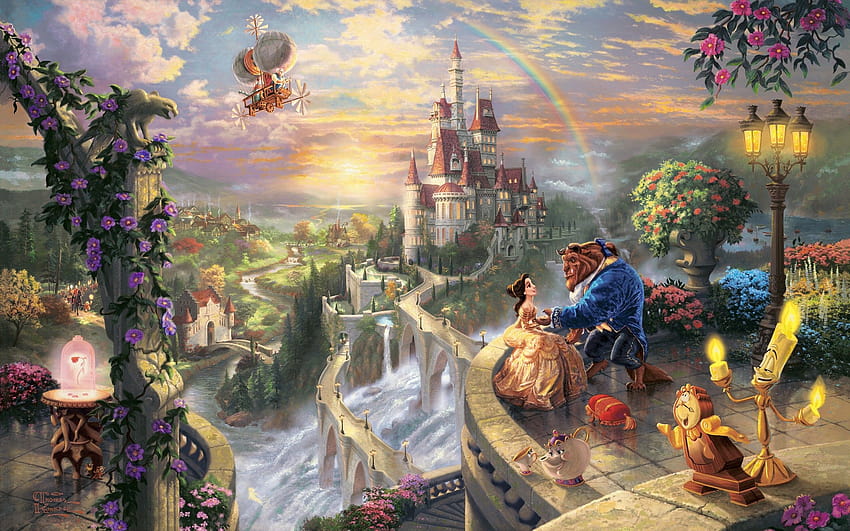 love, castles, movies, fantasy art, beast, magic, rainbows, airship, village, Thomas Kinkade, Disney, waterfalls, fairy tales, Beauty And The Beast :: HD wallpaper