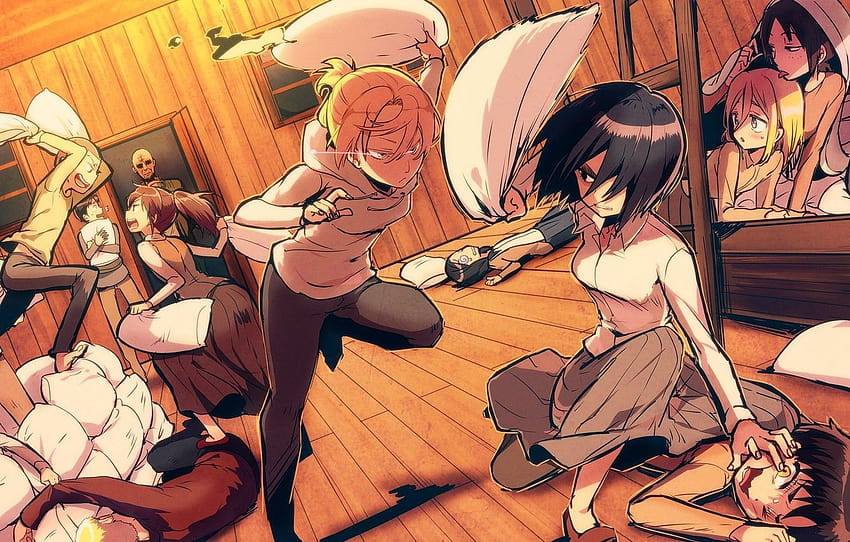 oreiller, combat, Mikasa Ackerman, Eren Yeager, Sasha Blouse, Annie Leonhardt, Armin Arlert, Connie Springer, Marco Bodt, Jean Kirschtein, Reiner Braun, caserne, Shingeki no Kyojin / Attack On Titan, recrues pour Fond d'écran HD