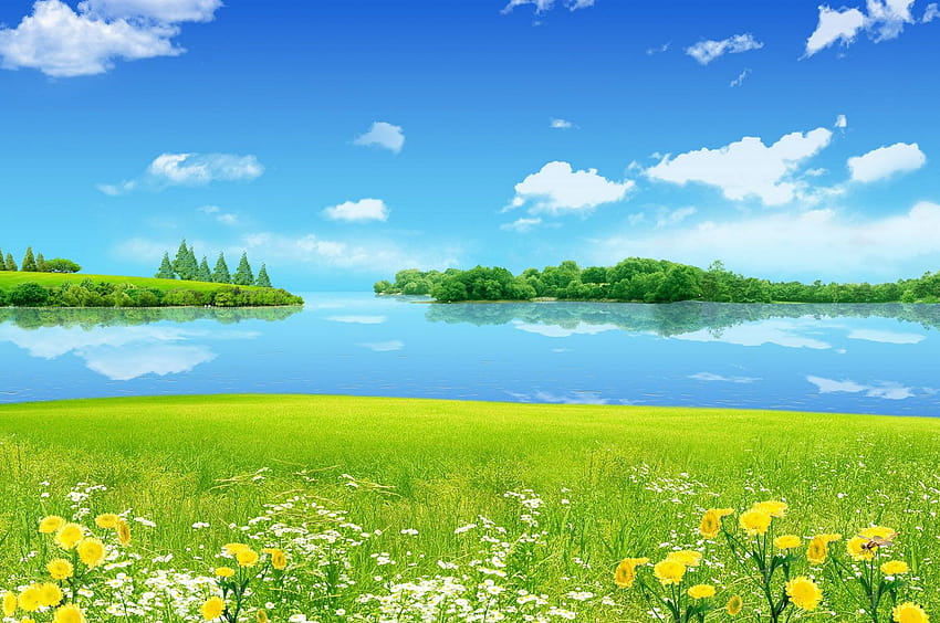 Yaz Manzarası Çayır Yeşil Çim Kır Çiçekleri Mavi Gökyüzü [3840x2160] mobil cihazınız ve tabletiniz için mavi gökyüzü yaz HD duvar kağıdı