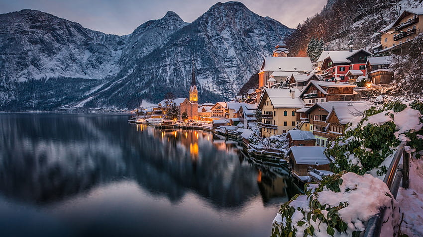 353870 Austria, Hallstatt, lago, montaña, pueblo, invierno fondo de pantalla