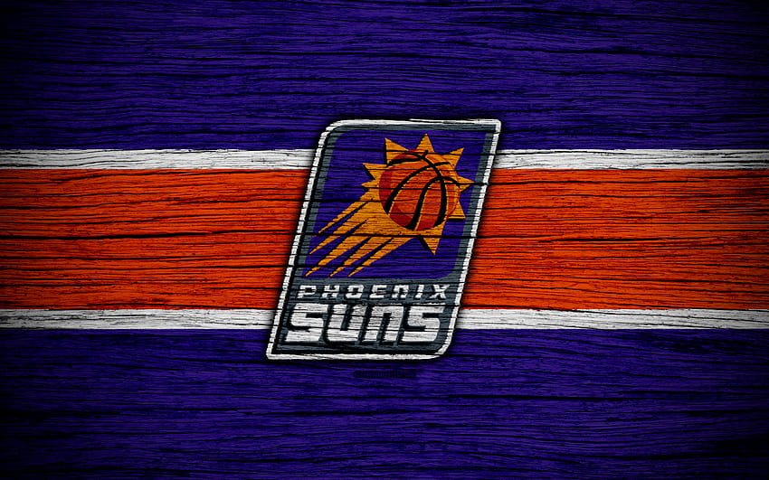 Phoenix Suns, NBA, drewniana tekstura, koszykówka, Konferencja Zachodnia, USA, godło, klub koszykówki, logo Phoenix Suns o rozdzielczości 3840x2400. Wysoka jakość, słoneczna koszykówka Tapeta HD