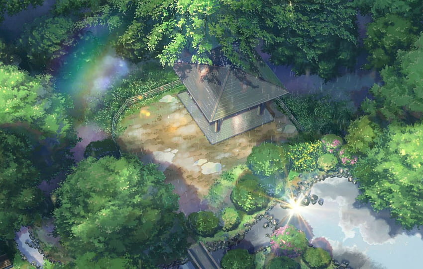 หลังคา ต้นไม้ บ่อน้ำ สวนสาธารณะ หิน ฝน รั้ว สายรุ้ง ศาลา Kotonoha no Niwa Garden of fine words The Garden of Words Makoto Shinkai หมวด арт koto no ha no niwa วอลล์เปเปอร์ HD