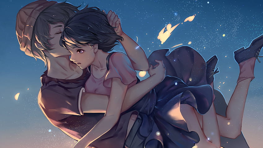 Boy, girl, hug, sky, romantic anime couple, cartoon hug HD wallpaper
