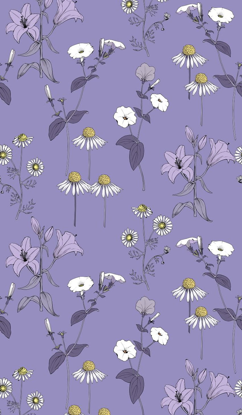 Niebieskie pole kwiaty wzór, fioletowe stokrotki Tapeta na telefon HD