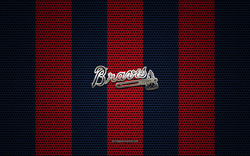 Logo Atlanta Braves, amerykański klub baseballowy, metalowy emblemat, czerwono-niebieskie tło metalowej siatki, Atlanta Braves, MLB, Atlanta, Georgia, USA, baseball z rozdzielczością 2880x1800. Wysoka jakość, amerykański baseball Tapeta HD