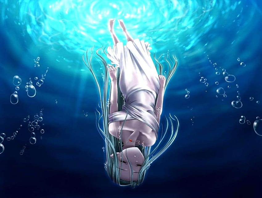 Anime Girl Underwater with Bubbles - Realistic Marine Illustrasion