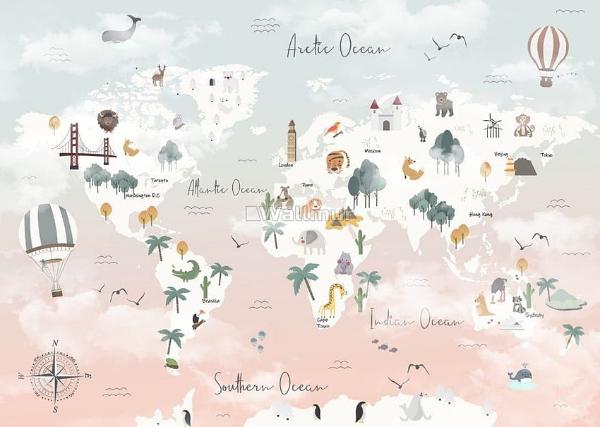 Kinder Rosa Weltkarte mit niedlichen Tieren und kleinen Luftballons, rosa Karte HD-Hintergrundbild