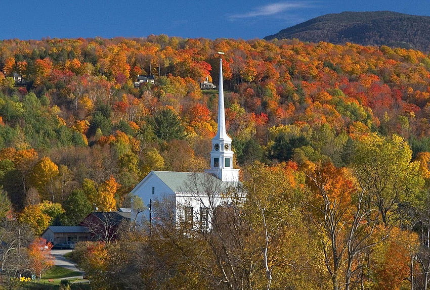 Religious: Church Stowe Vermont Autumn Tower Colors Fall Trees HD wallpaper