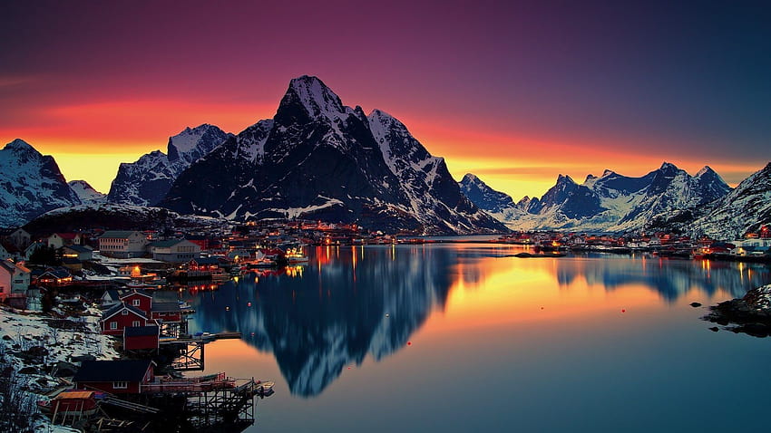 เกาะโลโฟเทน นอร์เวย์ Reine Lofoten พระอาทิตย์ตก ภูเขา ฤดูหนาว หิมะ ทะเล น้ำ การสะท้อน ธรรมชาติ 1920x1200 : 13, ภูเขาในฤดูหนาว วอลล์เปเปอร์ HD