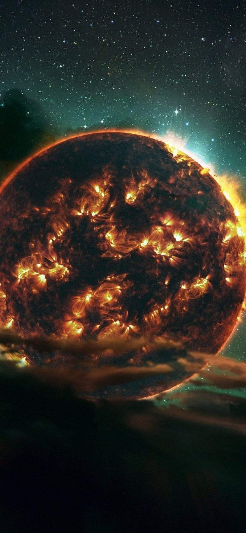 1440x3120 Earth Collapse, World In Fire, Nebula, Stars HD phone wallpaper