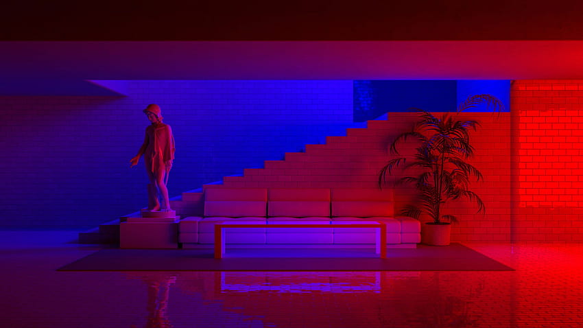 Vermelho azul, estátua, Eros, plantas, tijolos, sofá, neon, luzes neon • For You For & Mobile, luz neon roxa azul papel de parede HD