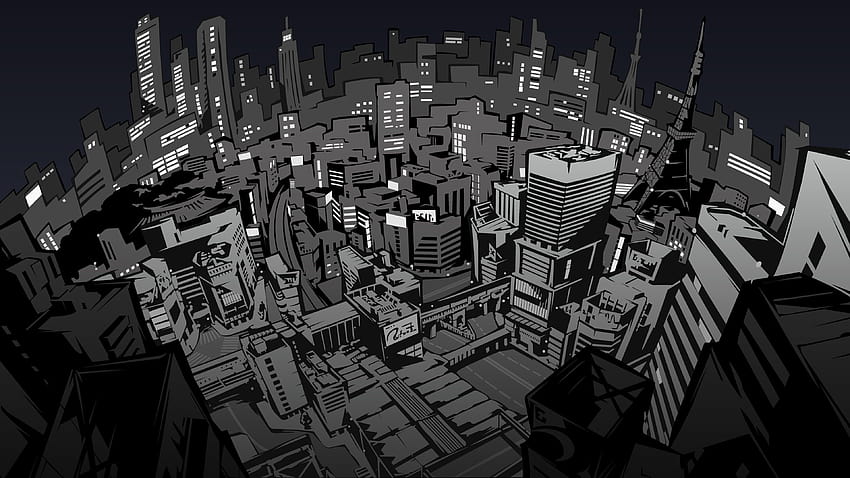 ilustração animada da cidade Persona 5 videogames Série Persona, desenho animado em preto e branco papel de parede HD