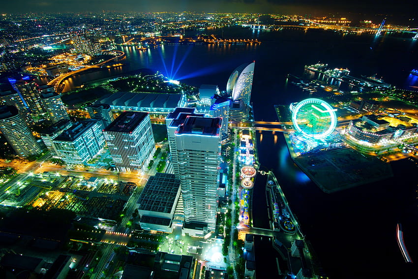 Japan, cityscapes, Yokohama, city lights, Minato Mirai 21, city HD wallpaper