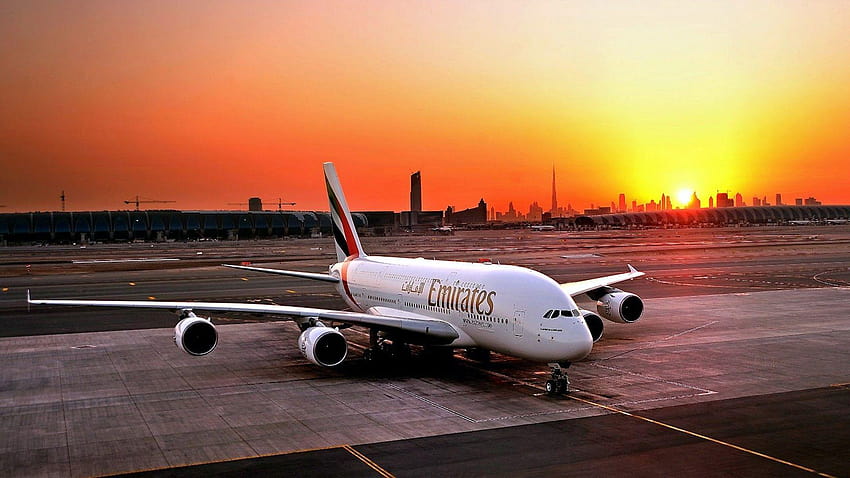 puesta de sol, avión, Dubai, Airbus A380, emirates airline fondo de pantalla