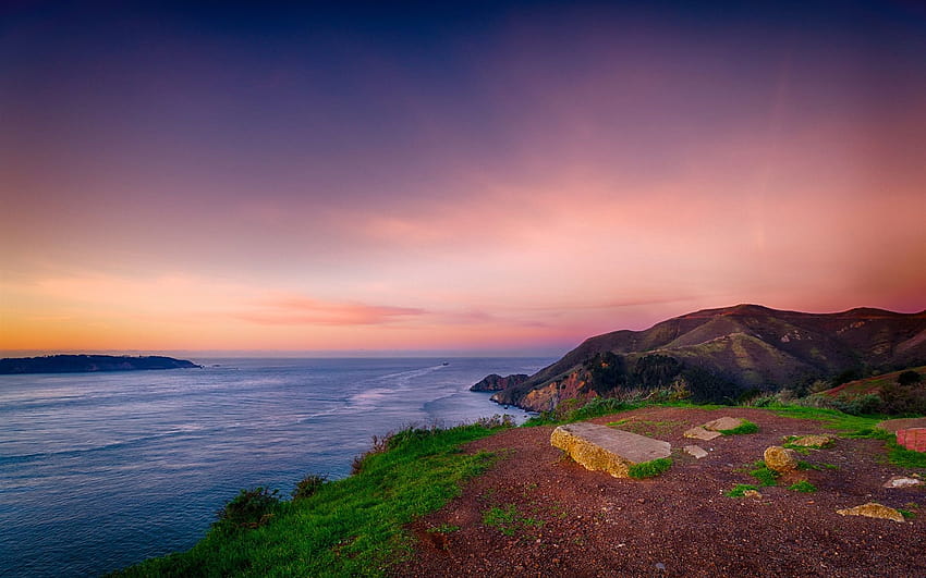 Beautiful sea sunset, coast, hilltop, red sky 640x1136 iPhone 5/5S/5C/SE , background HD wallpaper