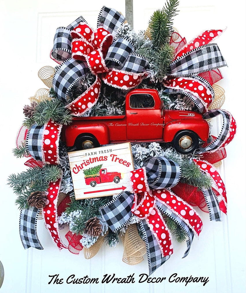 Red Truck Wreath, Vintage Truck Wreath, Red Truck Christmas Wreath, Christmas Tree Wreath, Buffalo Plaid Christmas Wreath, red truck christmas decoration HD phone wallpaper