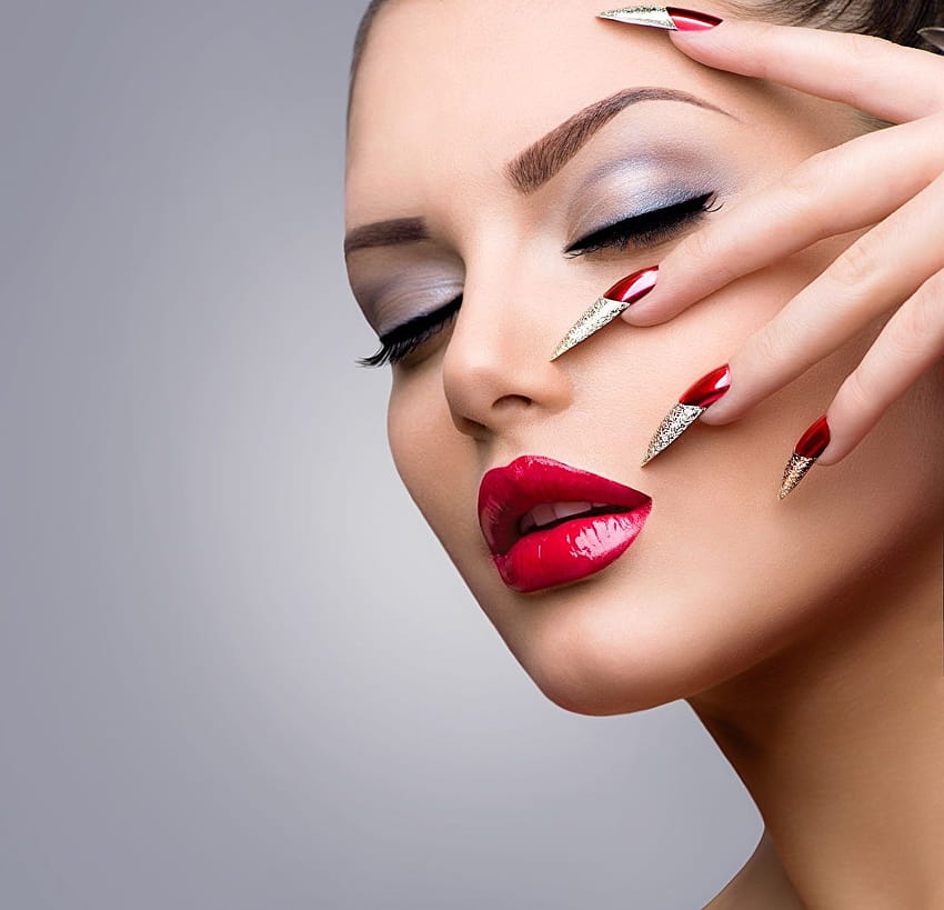マニキュア 化粧 顔 若い女性 指 赤い唇、化粧をした女性 高画質の壁紙
