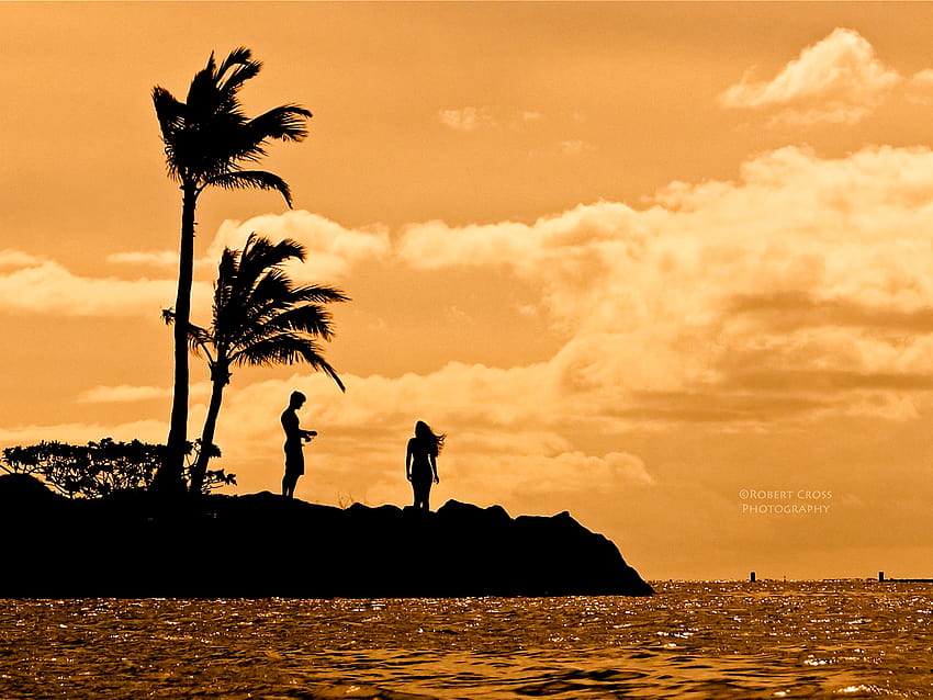 : paesaggio, tramonto, mare, acqua, riva, amore, cielo, silhouette, nuvole, spiaggia, alba, calma, sera, onde, Sole, orizzonte, San Valentino, crepuscolo, Hawaii, caldo, oahu, honolulu, nube, ragazzo, alba , ragazza, oceano, palme, tropici, OMD, ragazzo hawaiano Sfondo HD