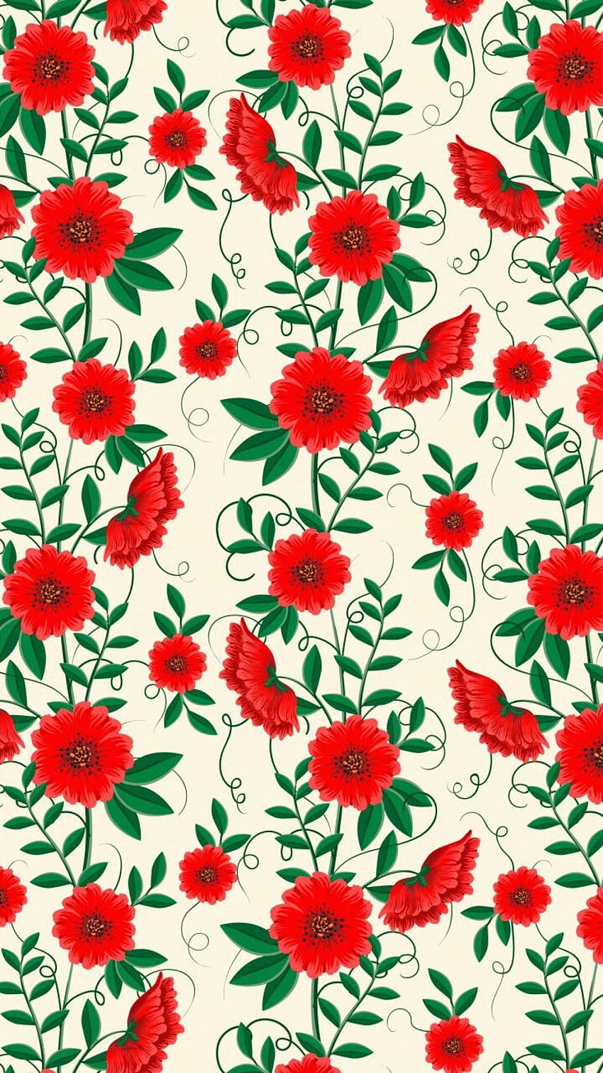 art, background, cartoon, colorful, colour, cute art, design, drawing, flora, flowers, green, illustration, iphone, kawaii, leaves, pastel, pattern, red, texture, vintage, watercolor, we heart it, flowers background, flowers pattern, kawaii vintage HD phone wallpaper