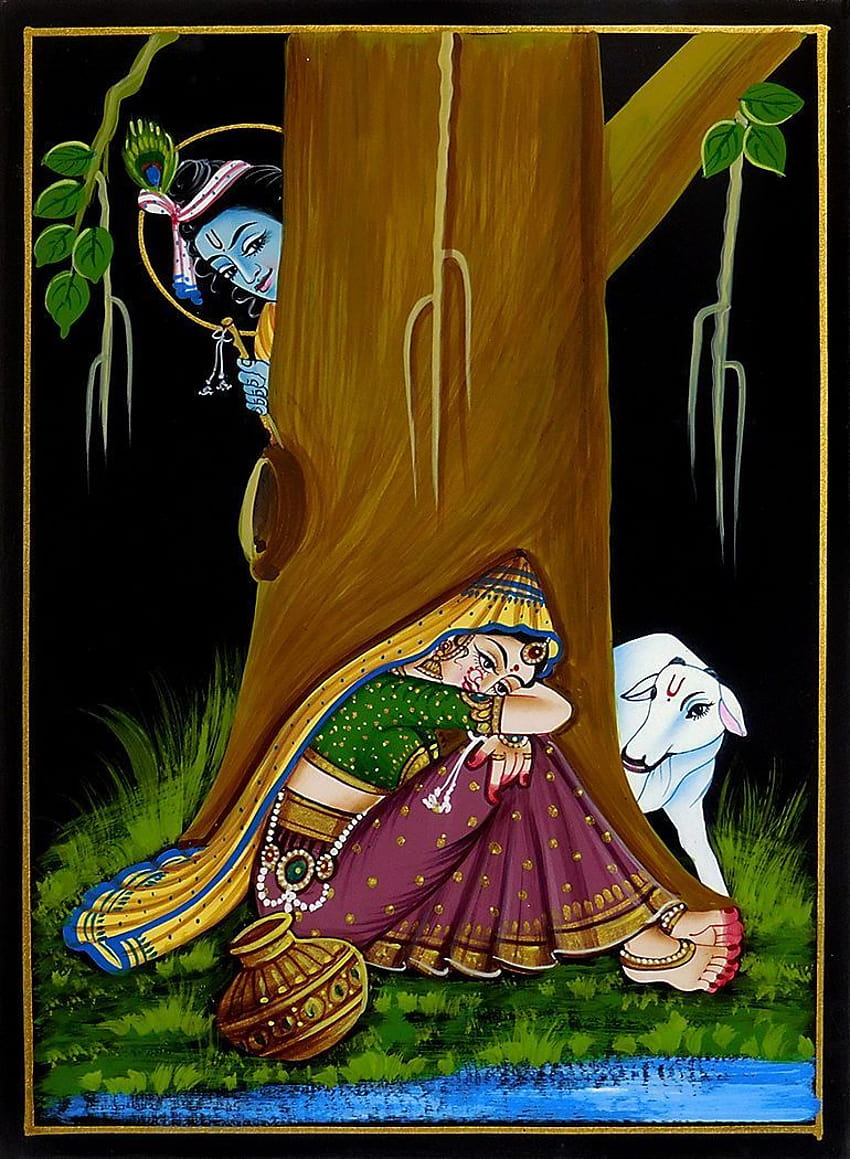 Krishna Mengintip Radha, seni madhubani wallpaper ponsel HD