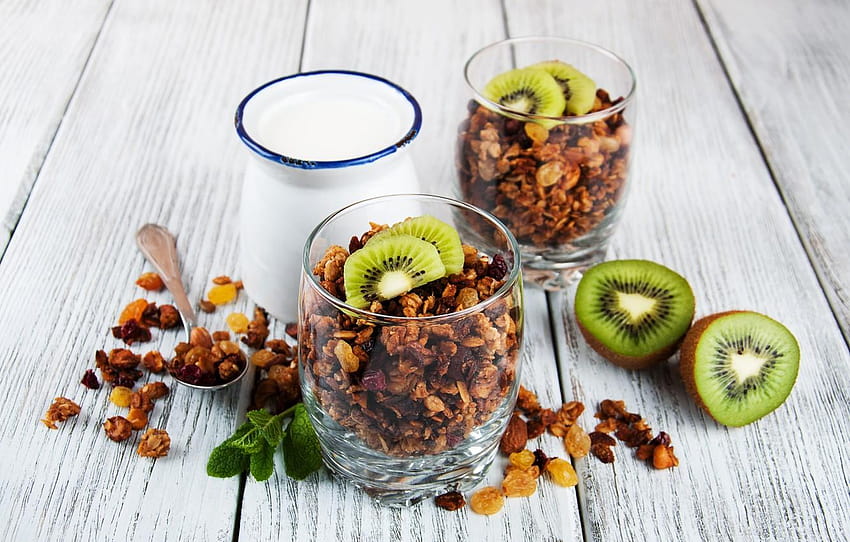 Breakfast, kiwi, nuts, yogurt, granola for HD wallpaper
