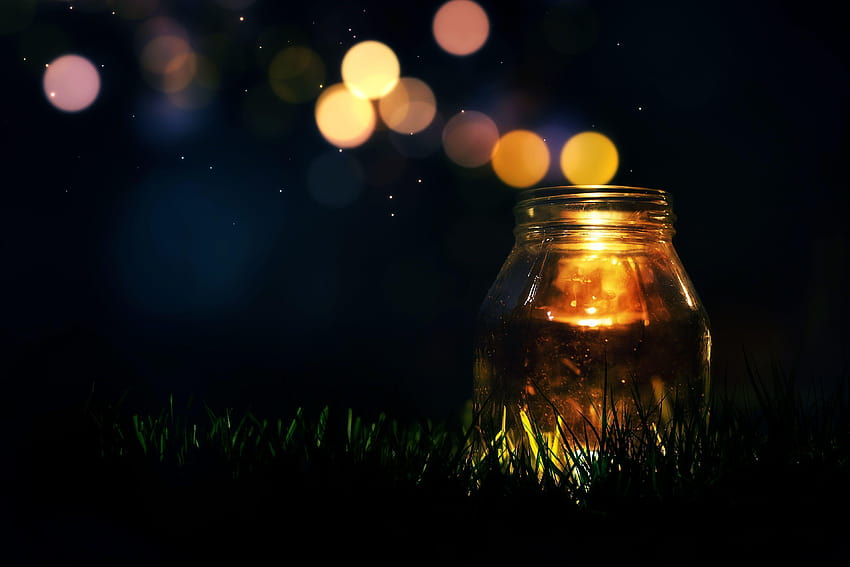 Candle Light In Glass Jar Green Field Quiet Night Hope HD wallpaper