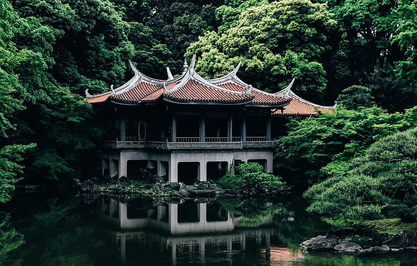Nature, Lake, Trees, Japan, Tokyo, Temple, Architecture, shinjuku gyoen HD wallpaper