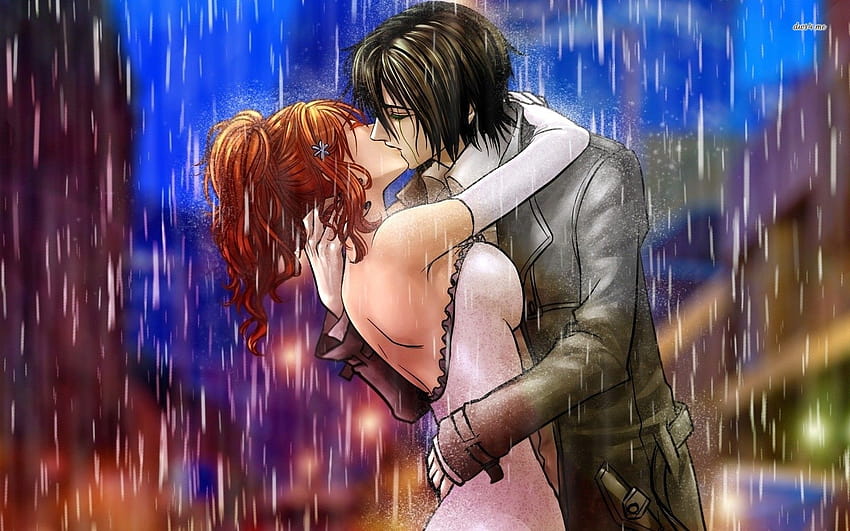 Para całująca się w deszczu, anime pocałunek w usta Tapeta HD