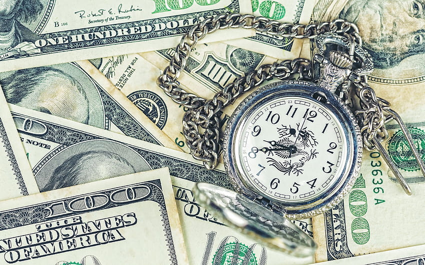time is money, Pocket Watch on dollars, old watch, finance concepts, business, money, american dollars with resolution 3840x2400. High Quality HD wallpaper