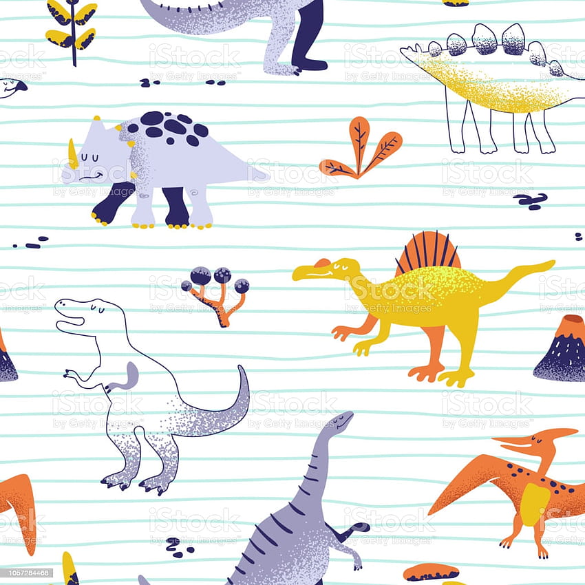 Seamless Cute Cartoon Dinosaurs Pattern Vector Baby Dino Backgrounds Texture Backdrop For Textile Fabric Print ประกอบสต็อก ไดโนเสาร์เด็ก วอลล์เปเปอร์โทรศัพท์ HD