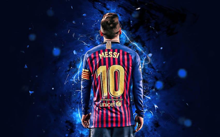 Lionel Messi, ดาราฟุตบอล, มุมมองด้านหลัง, Barcelona FC, นักฟุตบอลชาวอาร์เจนติน่า, FCB, macth, La Liga, Messi, Leo Messi, แสงนีออน, LaLiga, สเปน, Barca, soccer with resolution 2880x1800. คุณสูง เมสซี่กลับมาแล้ว วอลล์เปเปอร์ HD