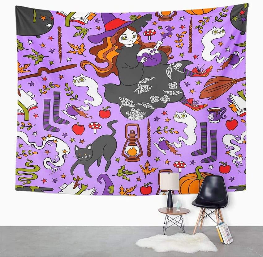 Emvency Wall Tapestry Beautiful Witch Autumn Leaves Halloween Pumpkin Star Pattern Girl Black Cat Book Animal Cartoon Cat Decor Wall Hanging Picnic Bedsheet Blanket 60x50 Inches : Home & Kitchen HD wallpaper