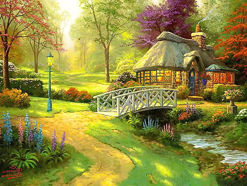 Beautiful English Bridge Cottage Garden, flower garden with cottage HD wallpaper