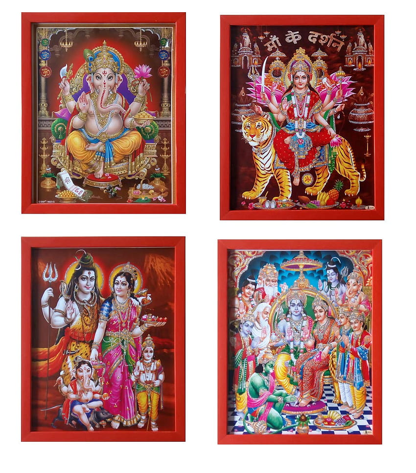 Shree Handicraft Lord Ganesha Boyama Çerçevesi Ramdarbar ve Durga Maa Shiva Shiv Parivar Çerçeveleri 5'li Set, shiv darbar HD telefon duvar kağıdı