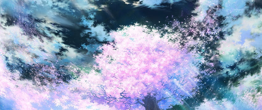 2560x1080 sakura, art, sky, anime, pink dual, city anime pink HD wallpaper